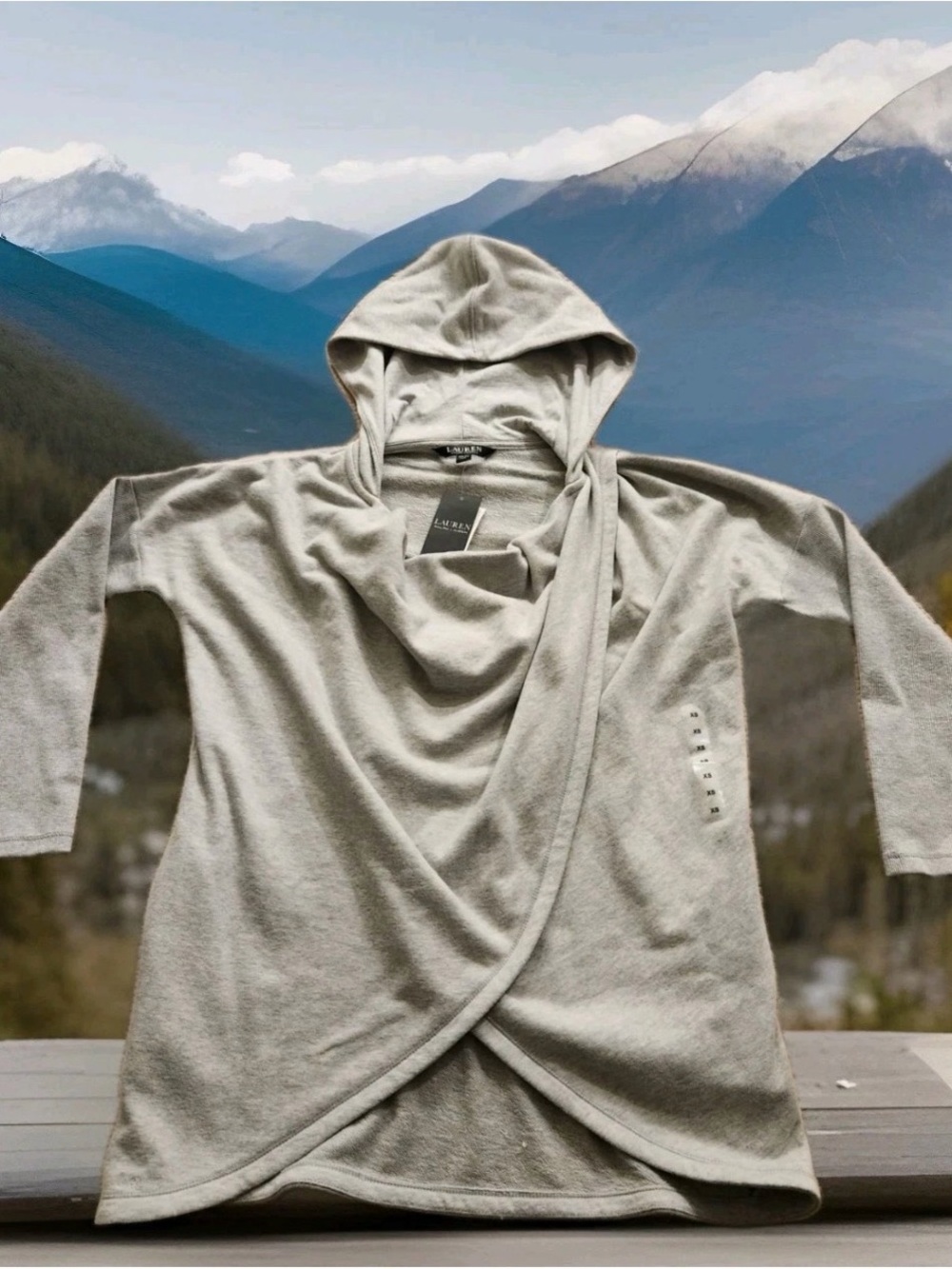 Ralph Lauren Heather Gray Hooded Wrap Sweater Large